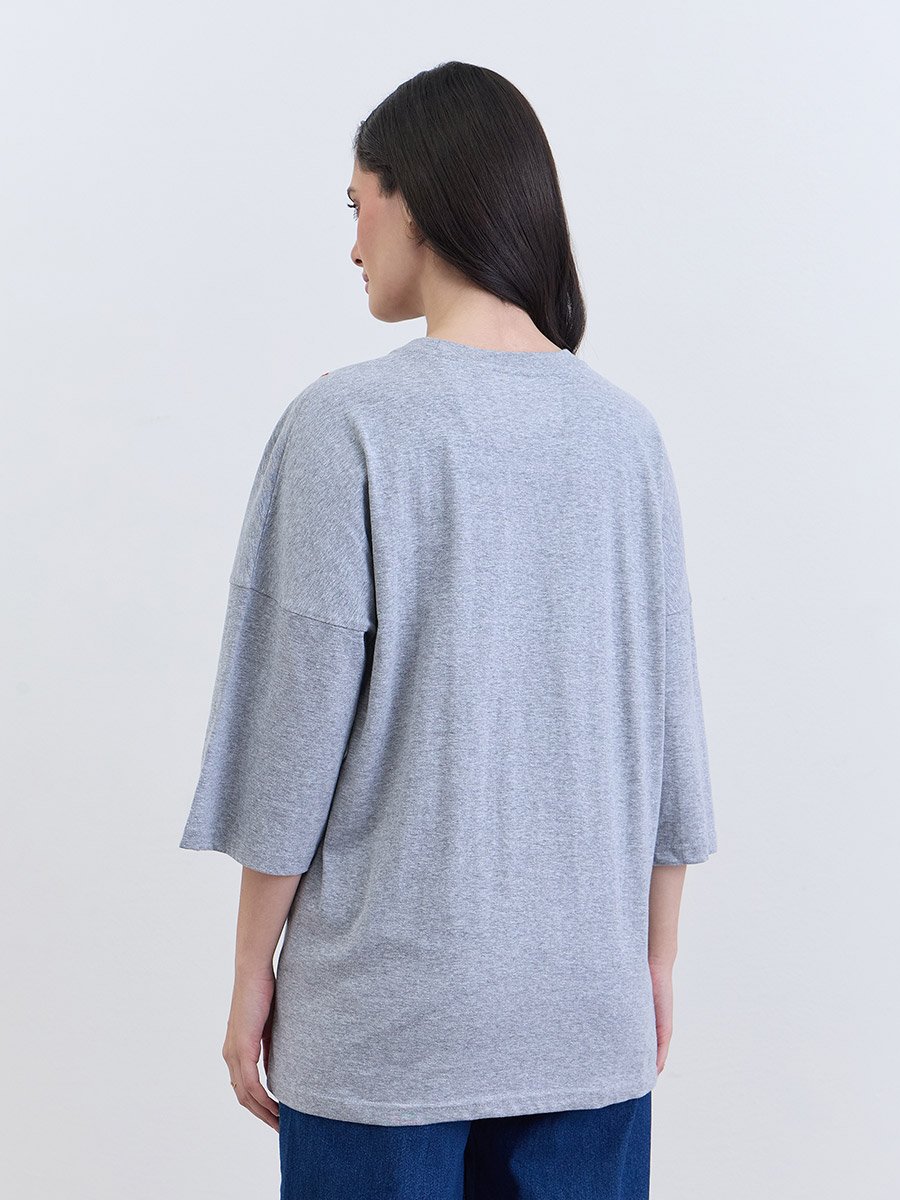 Grey Floral Embroidered Oversized T-Shirt