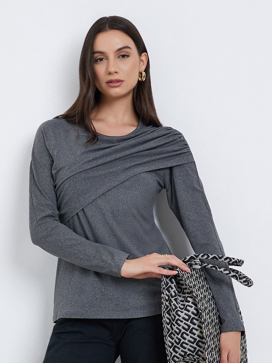 Women Grey Solid Ruched Detail Long Sleeve Top