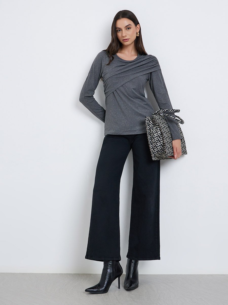 Women Grey Solid Ruched Detail Long Sleeve Top