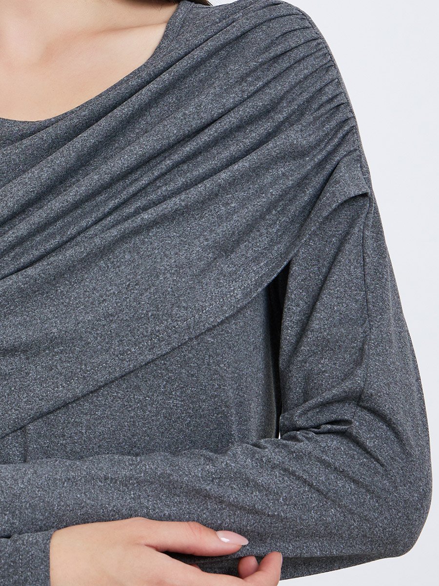Women Grey Solid Ruched Detail Long Sleeve Top