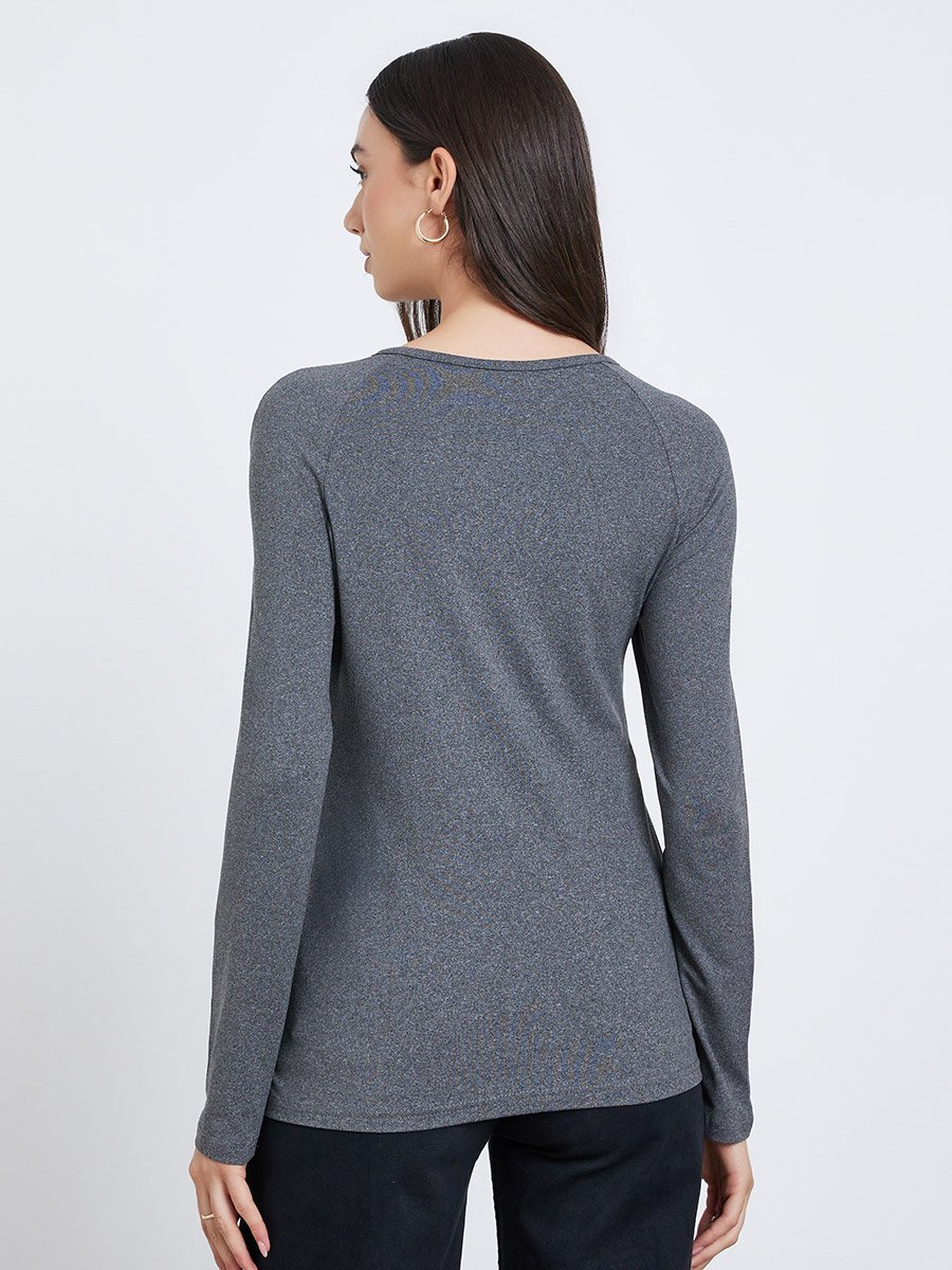 Women Grey Solid Ruched Detail Long Sleeve Top