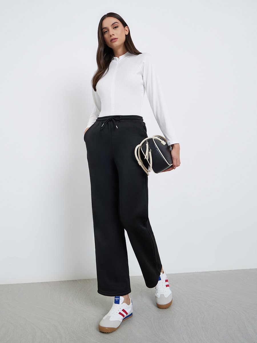 Women Black Straight Fit Solid Joggers