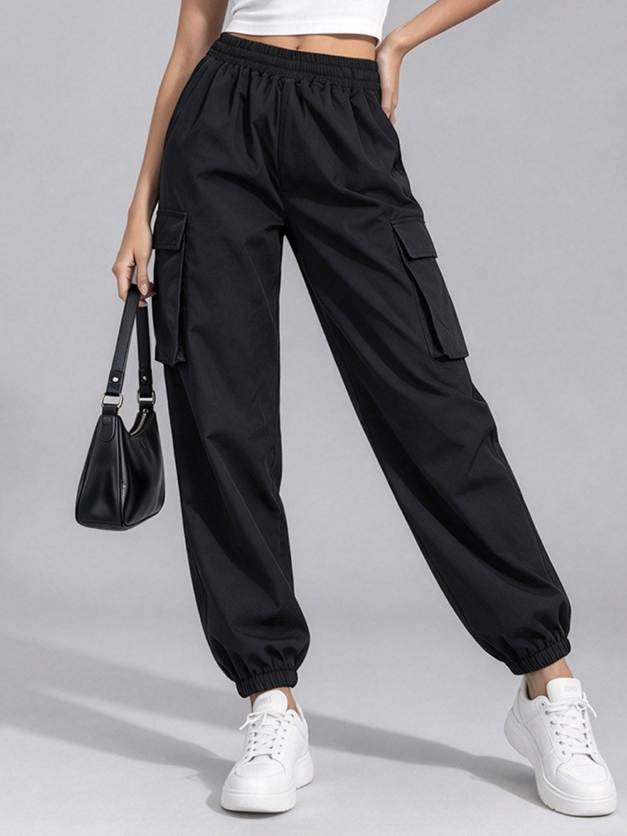 Black Solid Elastic Waist Pocket Detail Joggers
