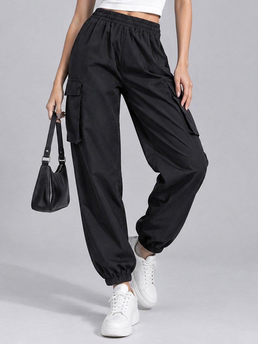 Black Solid Elastic Waist Pocket Detail Joggers