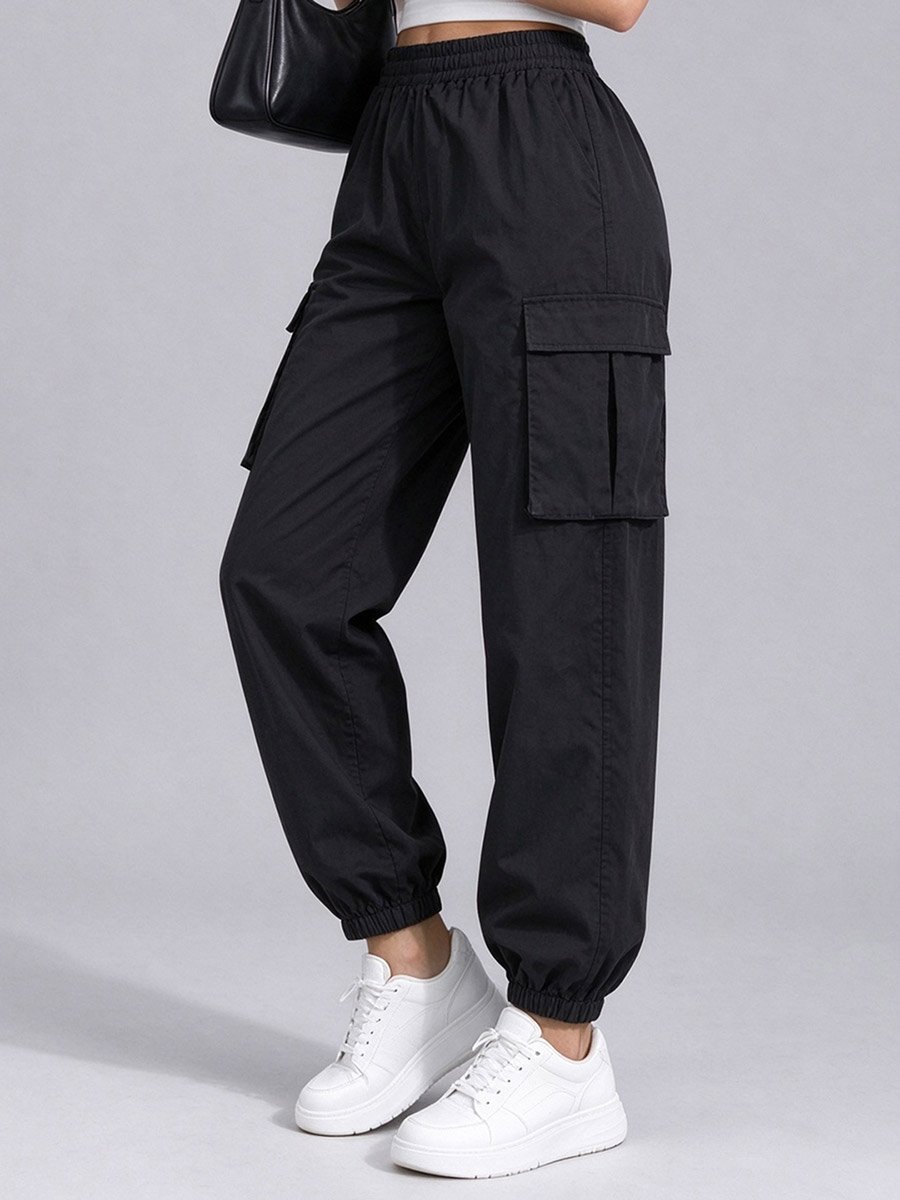 Black Solid Elastic Waist Pocket Detail Joggers
