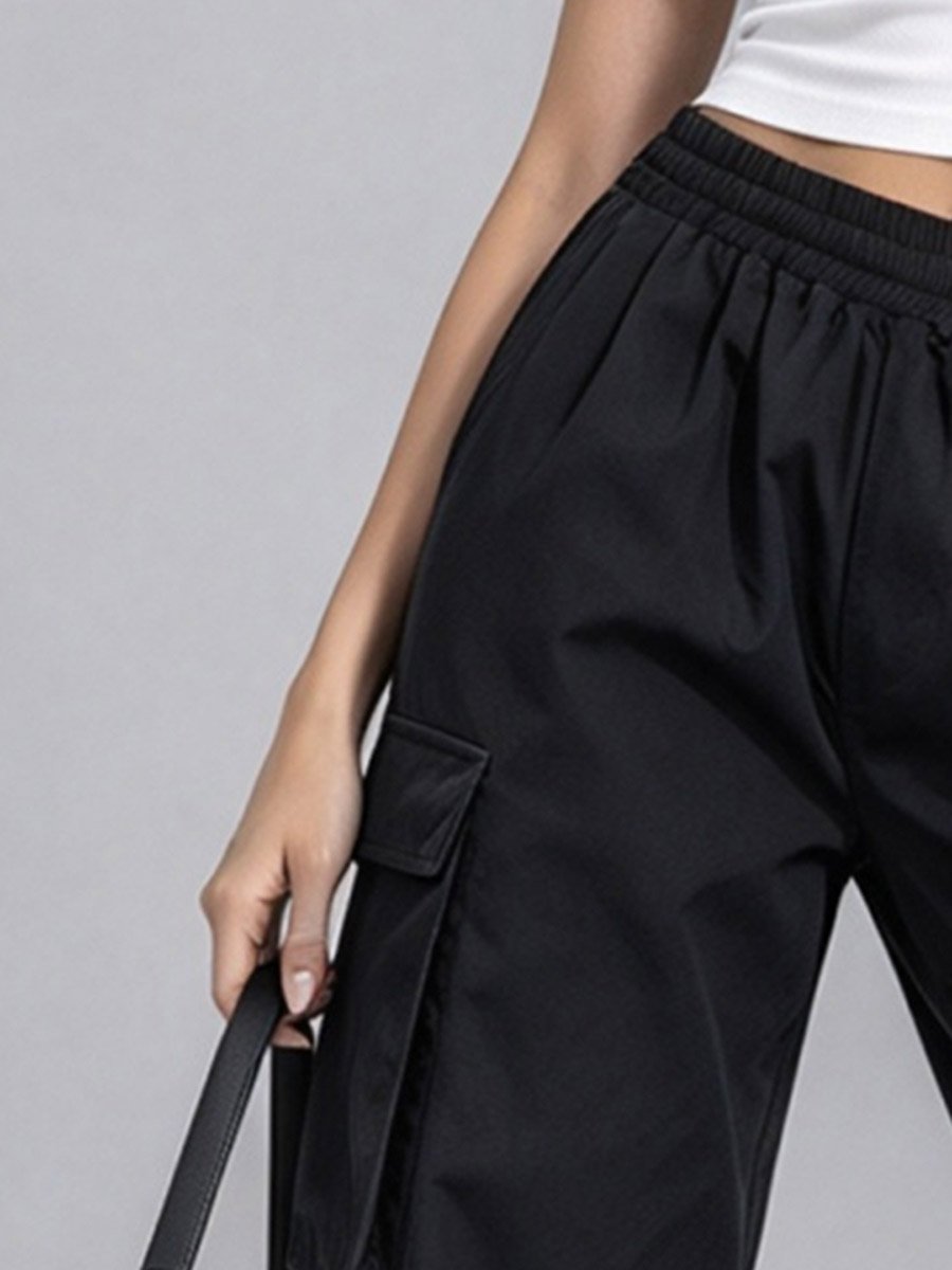 Black Solid Elastic Waist Pocket Detail Joggers
