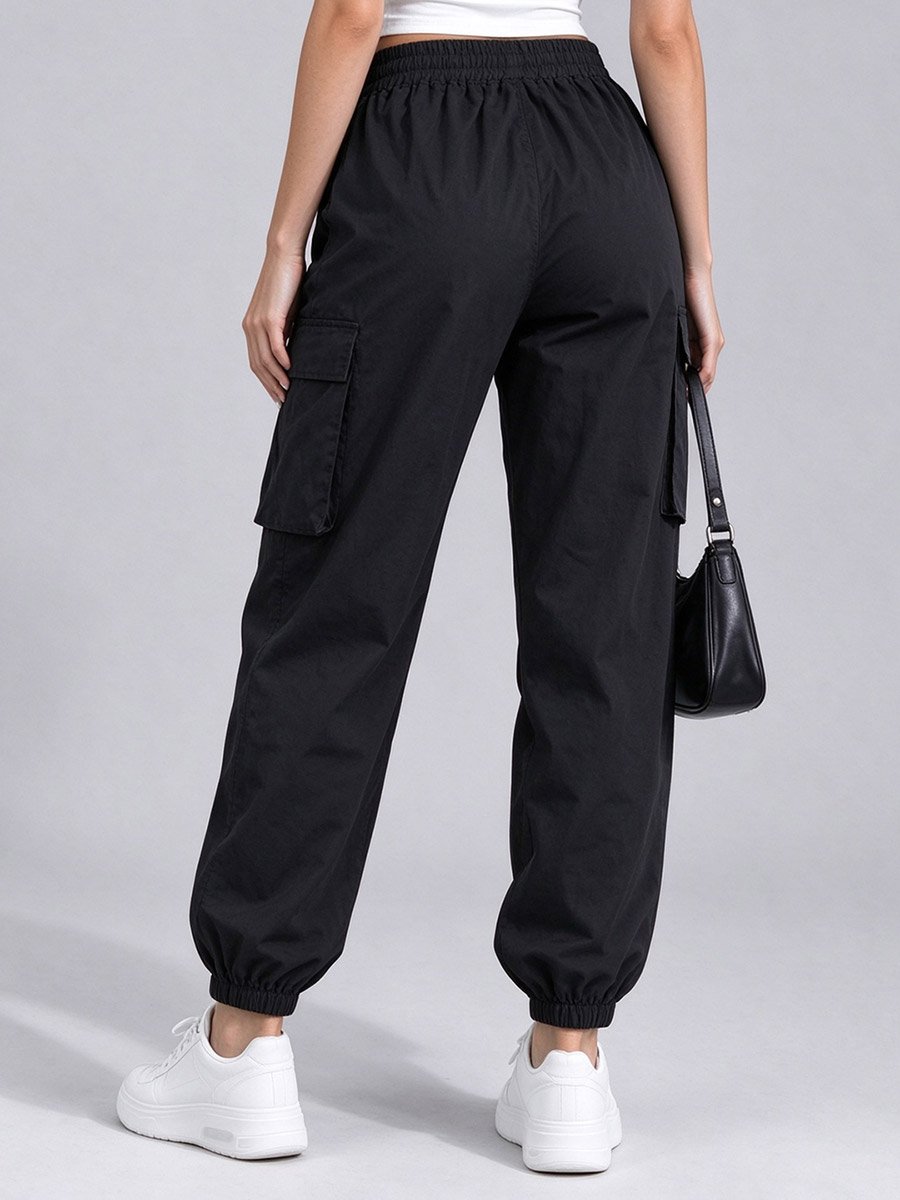 Black Solid Elastic Waist Pocket Detail Joggers