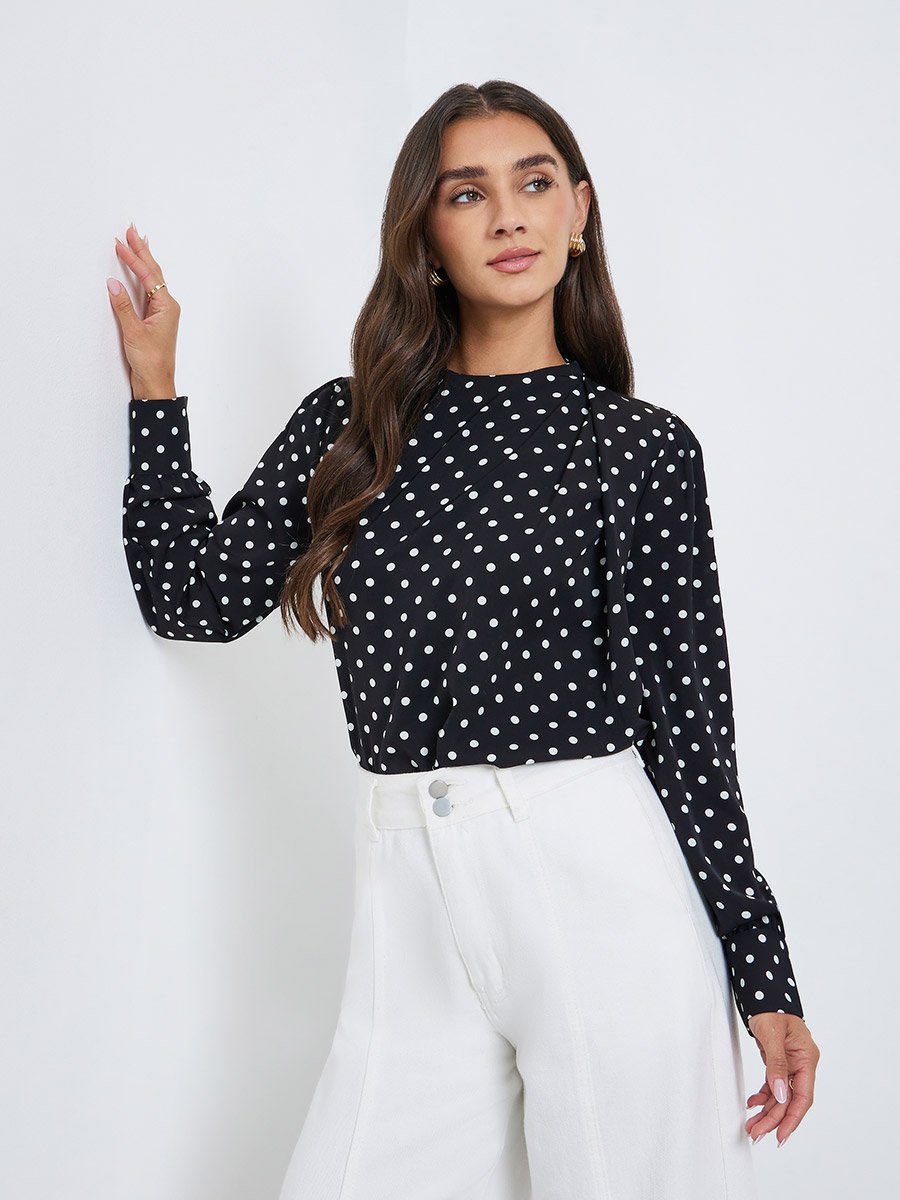 Polka Dot Long Sleeve Pleated Blouse