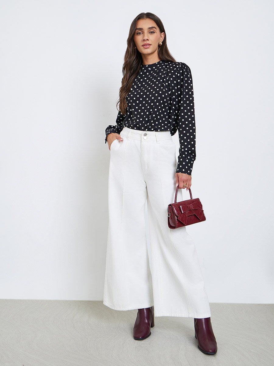 Polka Dot Long Sleeve Pleated Blouse