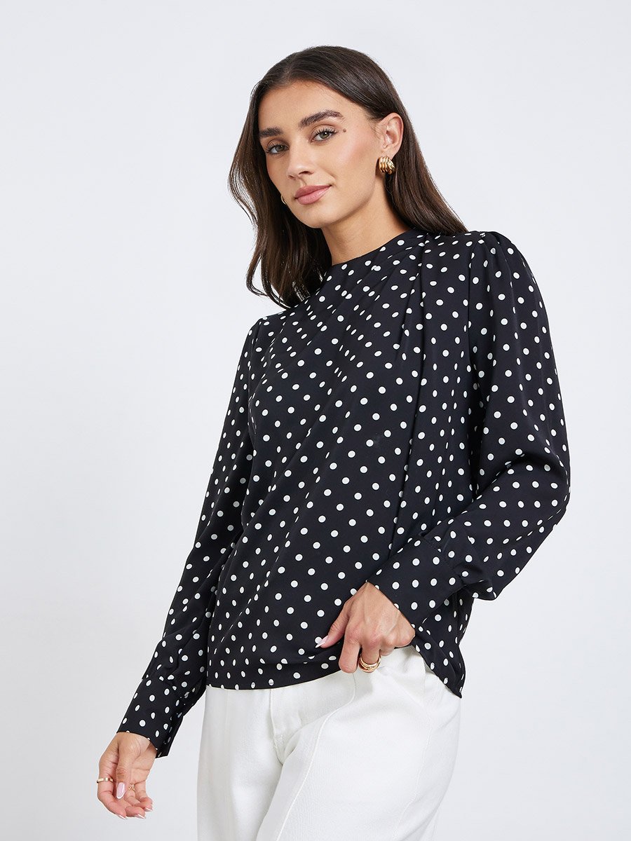 Polka Dot Long Sleeve Pleated Blouse