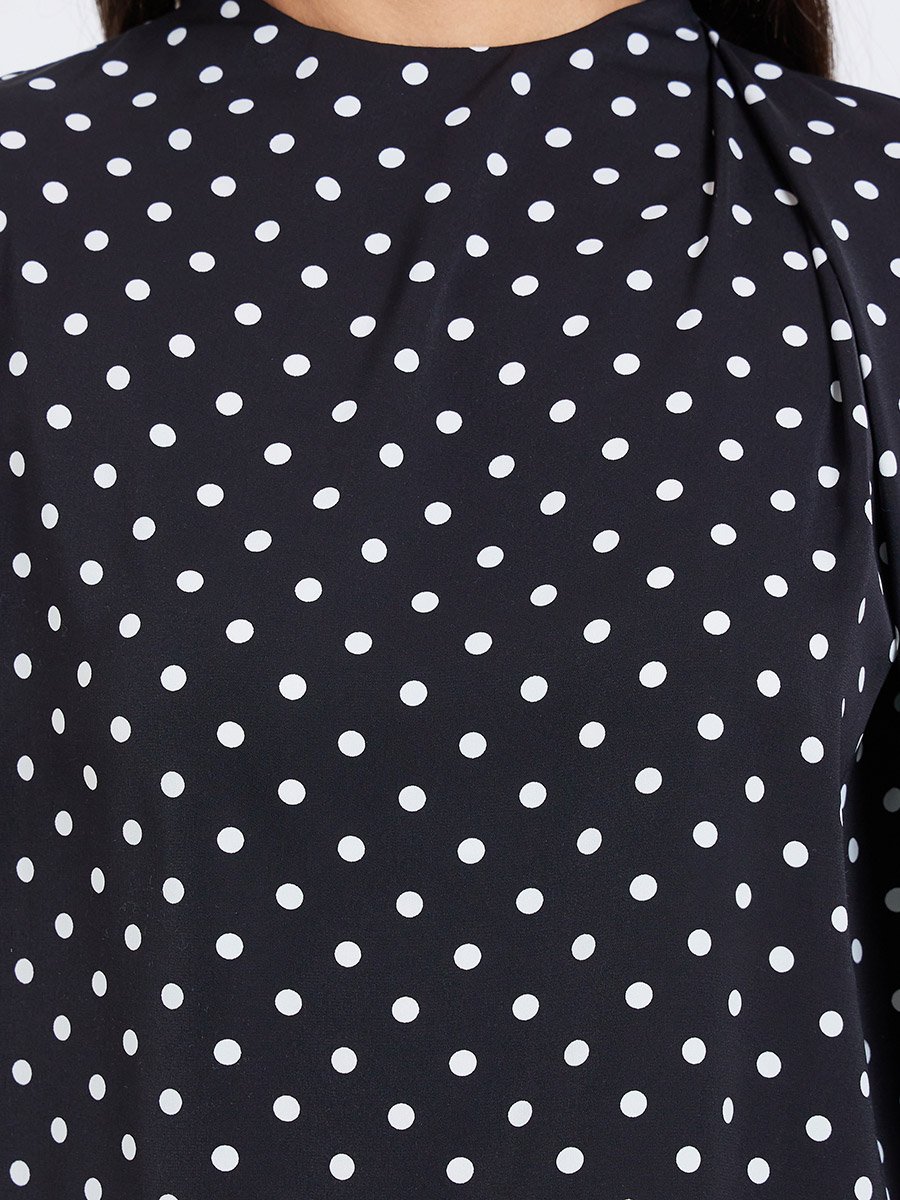 Polka Dot Long Sleeve Pleated Blouse