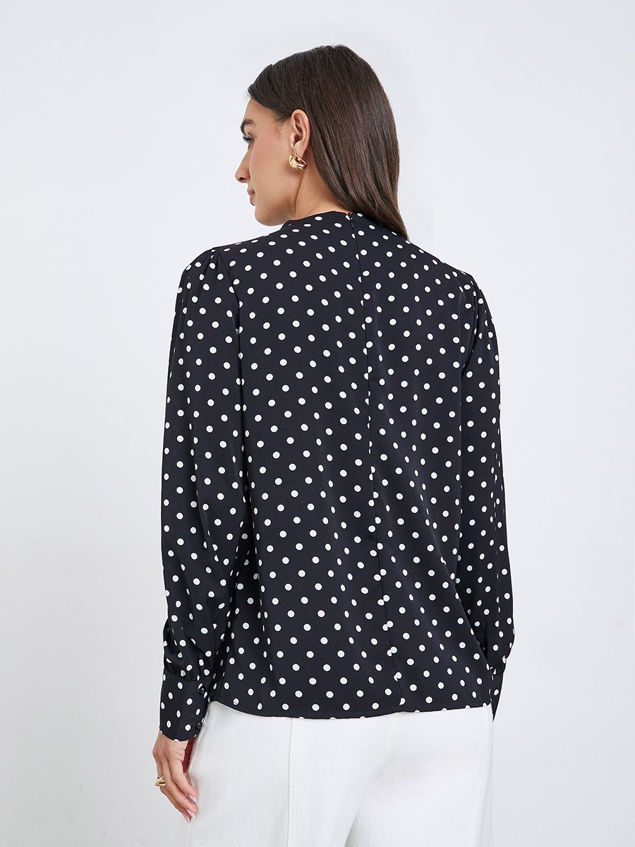 Polka Dot Long Sleeve Pleated Blouse