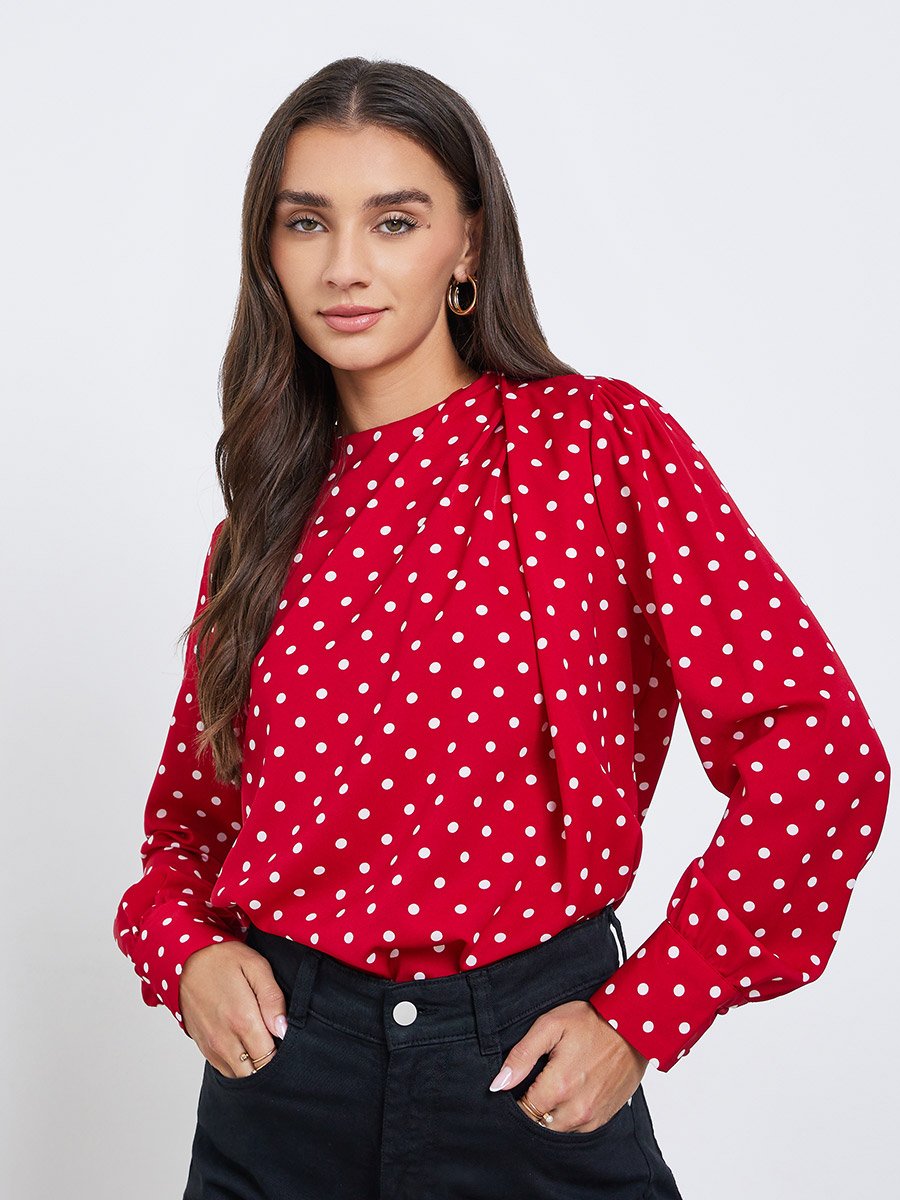 Polka Dot Long Sleeve Pleated Blouse