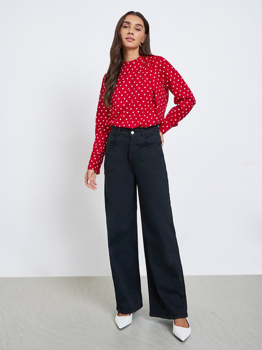 Polka Dot Long Sleeve Pleated Blouse