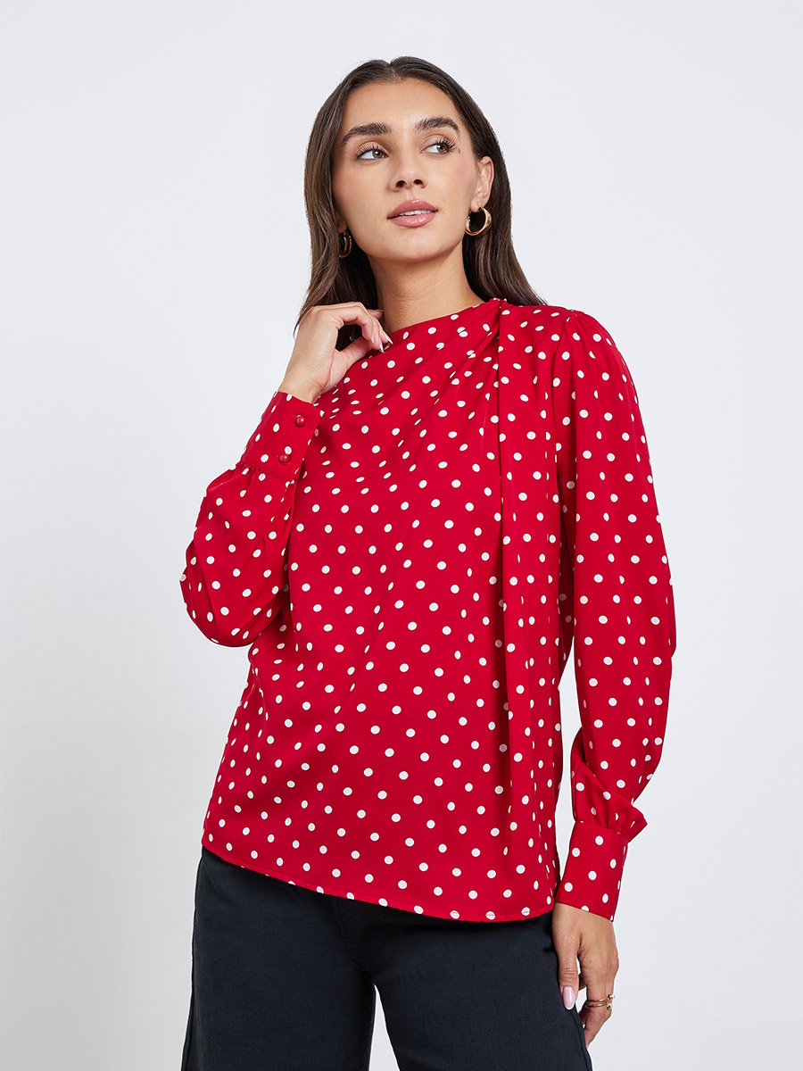Polka Dot Long Sleeve Pleated Blouse