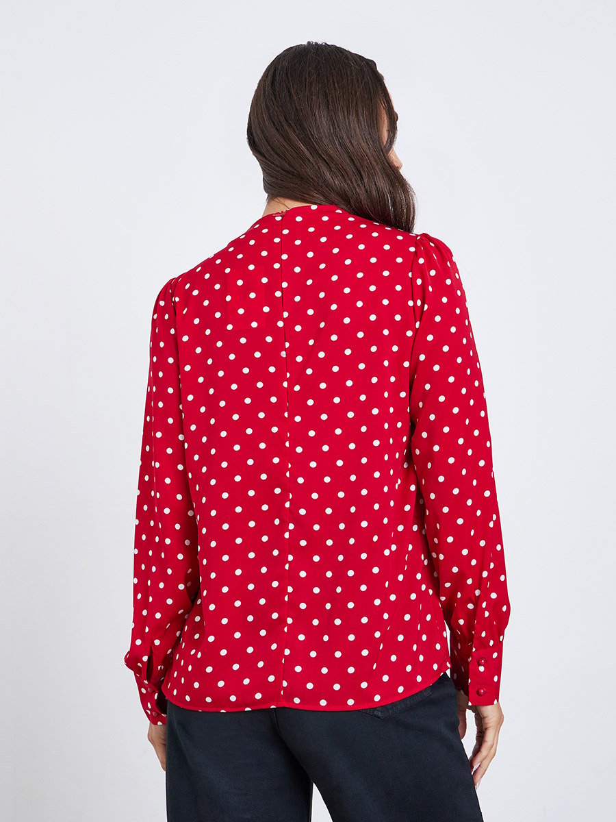 Polka Dot Long Sleeve Pleated Blouse
