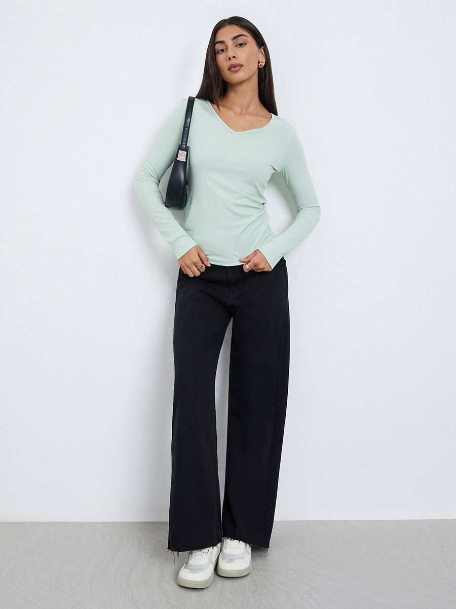 Mint Green Ribbed Knit Long Sleeve Top