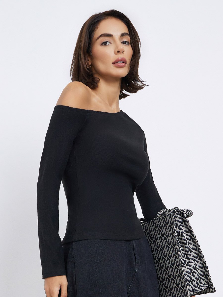Black Asymmetric Neck Knit Top