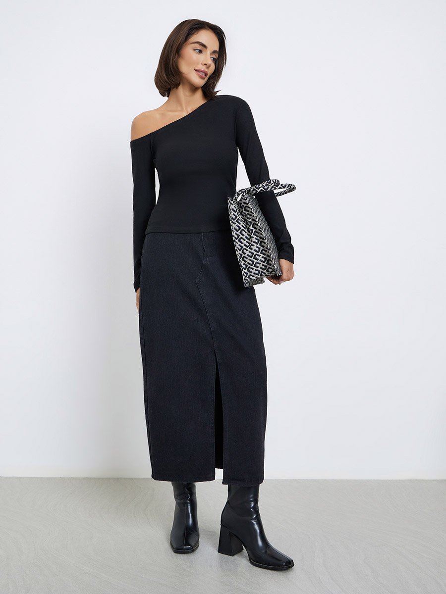 Black Asymmetric Neck Knit Top
