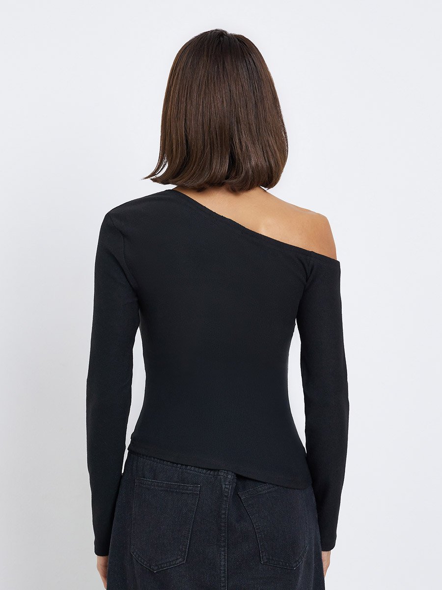 Black Asymmetric Neck Knit Top