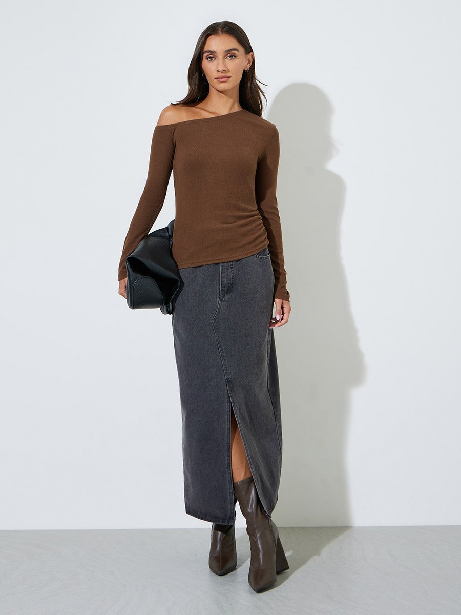 Brown Asymmetric Neck Knit Top