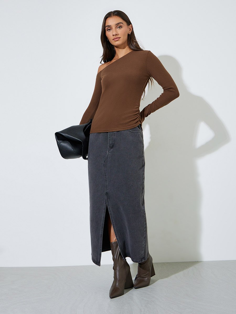 Brown Asymmetric Neck Knit Top