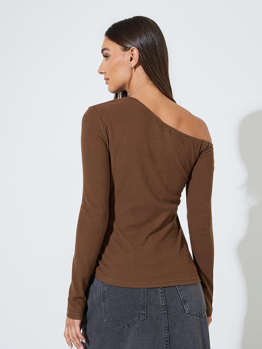 Brown Asymmetric Neck Knit Top