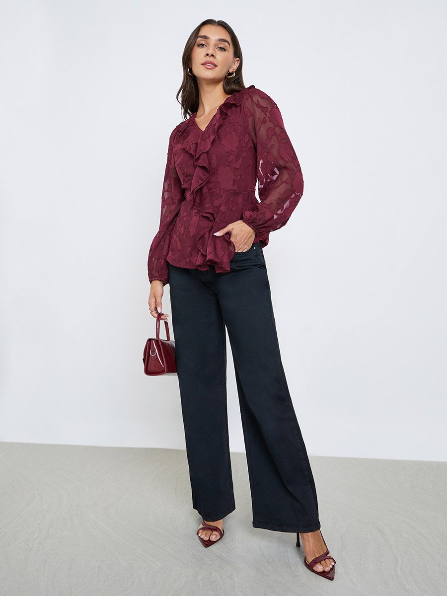 Maroon Ruffle Detail Long Sleeves Blouse