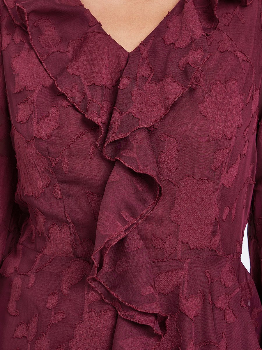 Maroon Ruffle Detail Long Sleeves Blouse