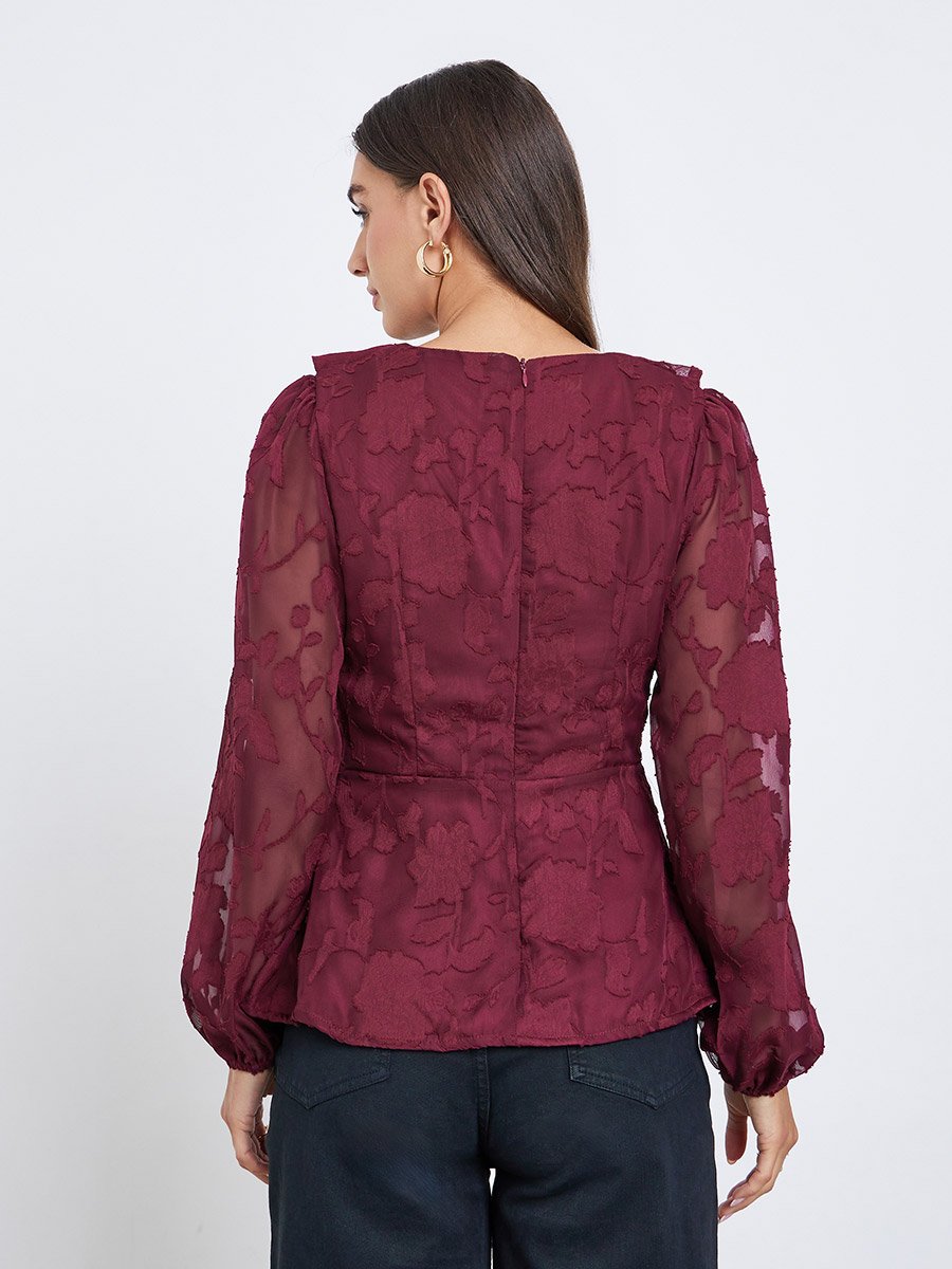 Maroon Ruffle Detail Long Sleeves Blouse