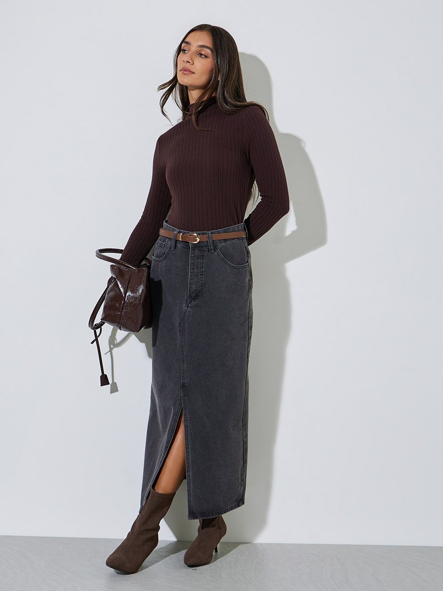 Brown Textured Cable Knit Top