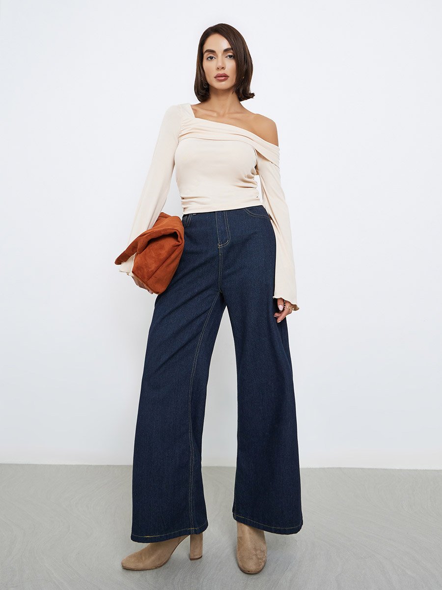 Cream Knit Asymmetric Neck Top