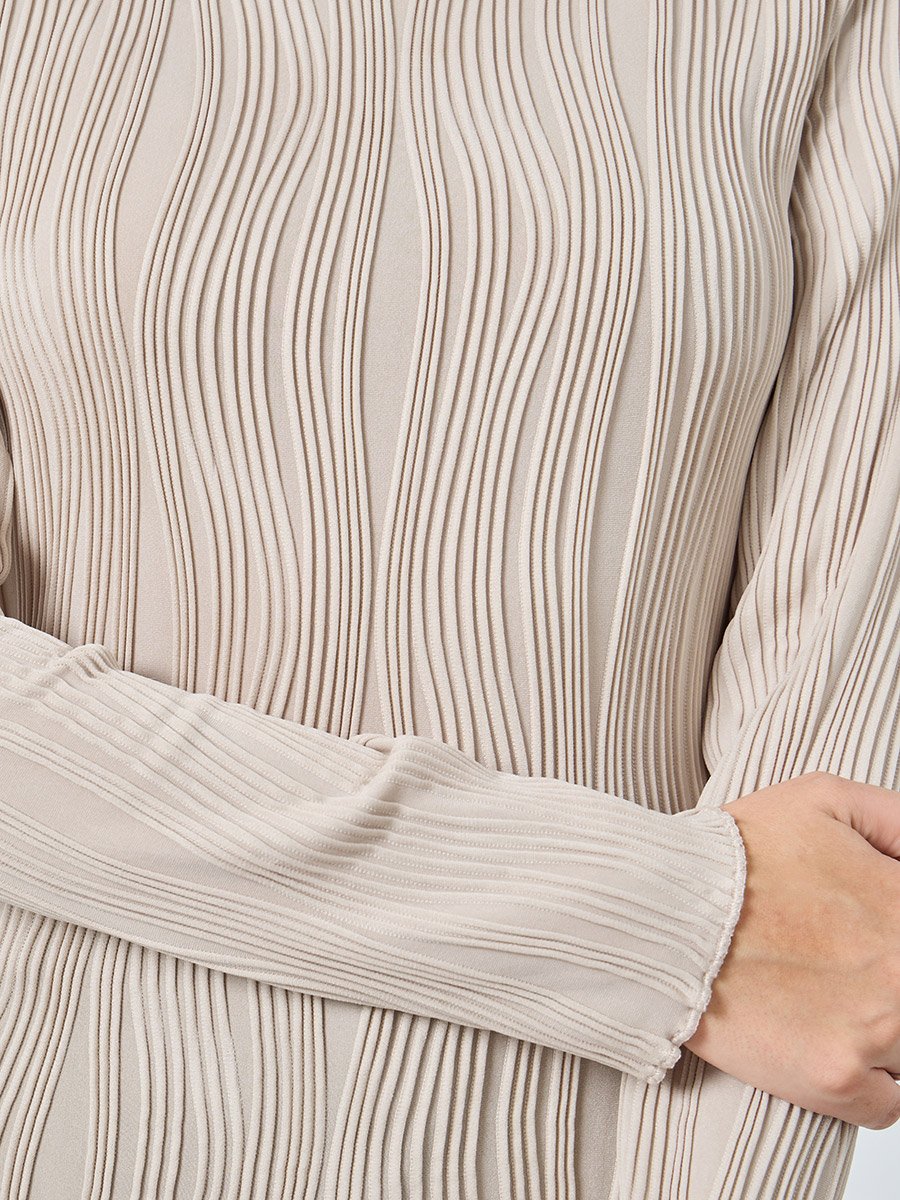 Beige Ribbed Knit Long Sleeve Top 