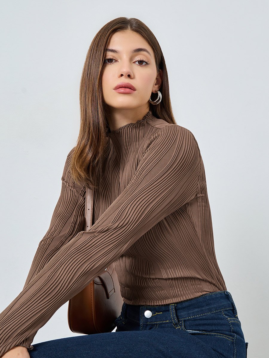 Brown Ribbed Knit Long Sleeve Top 