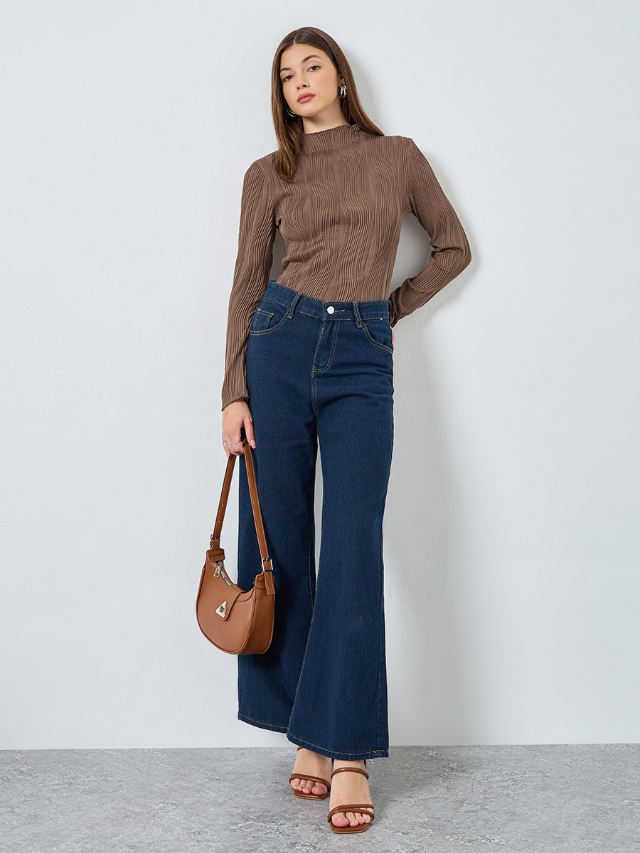 Brown Ribbed Knit Long Sleeve Top 
