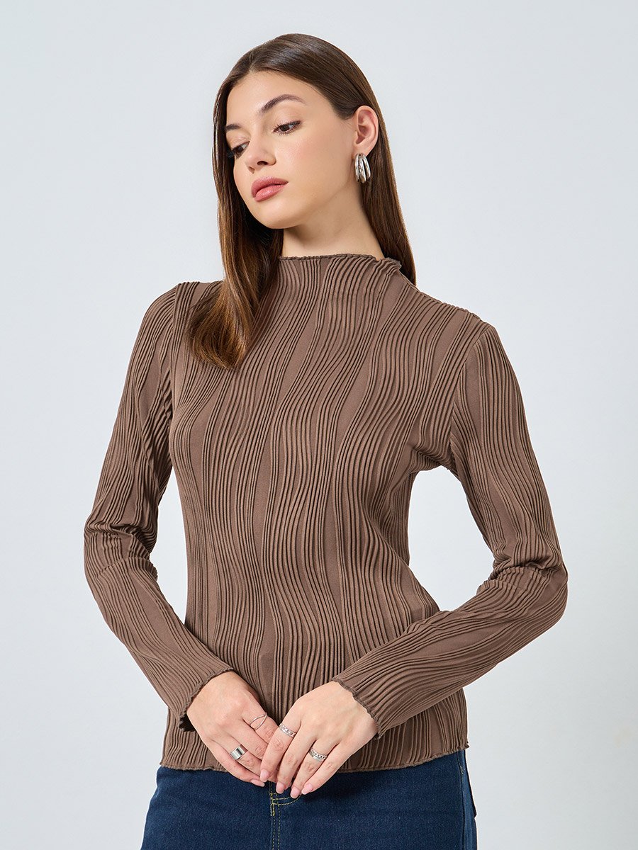 Brown Ribbed Knit Long Sleeve Top 
