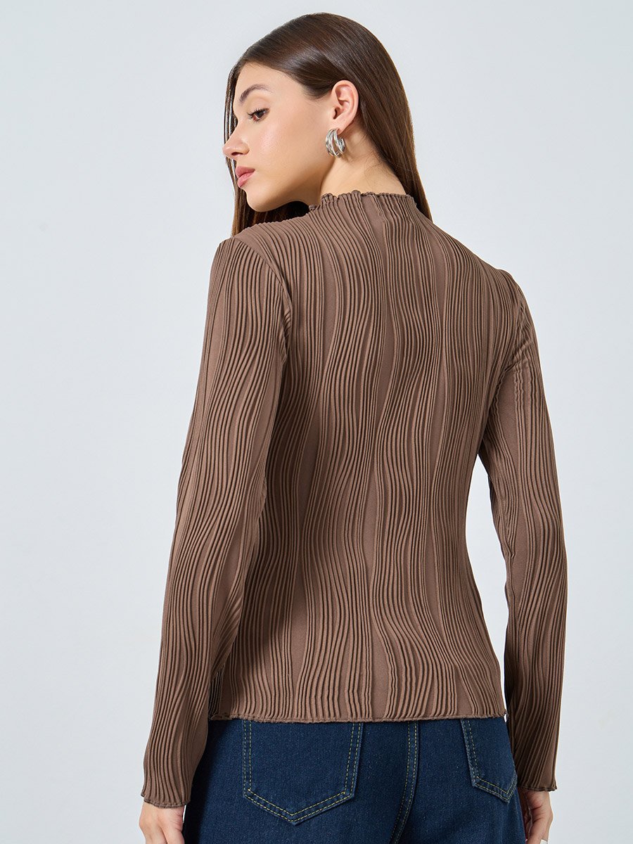 Brown Ribbed Knit Long Sleeve Top 