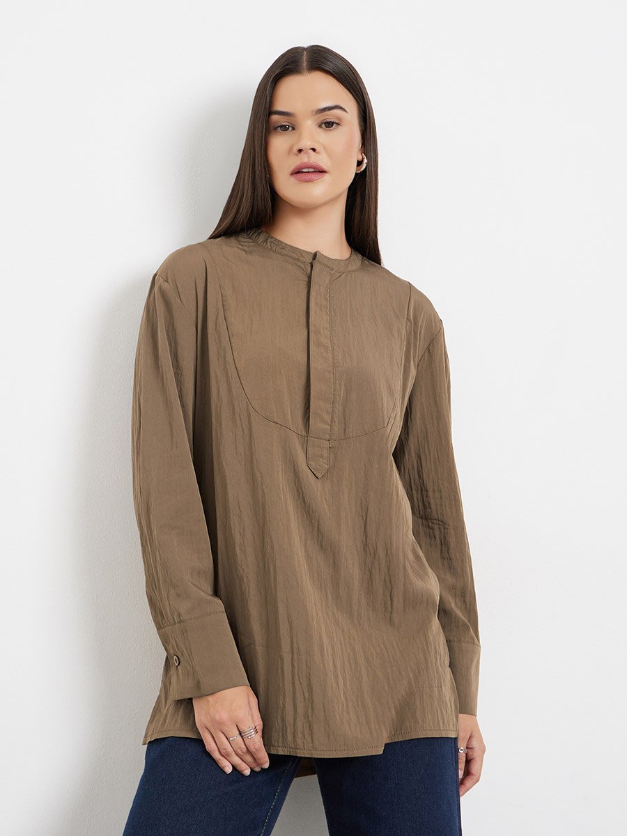 Brown Long Sleeve Tunic Blouse
