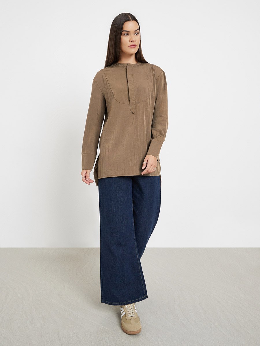 Brown Long Sleeve Tunic Blouse