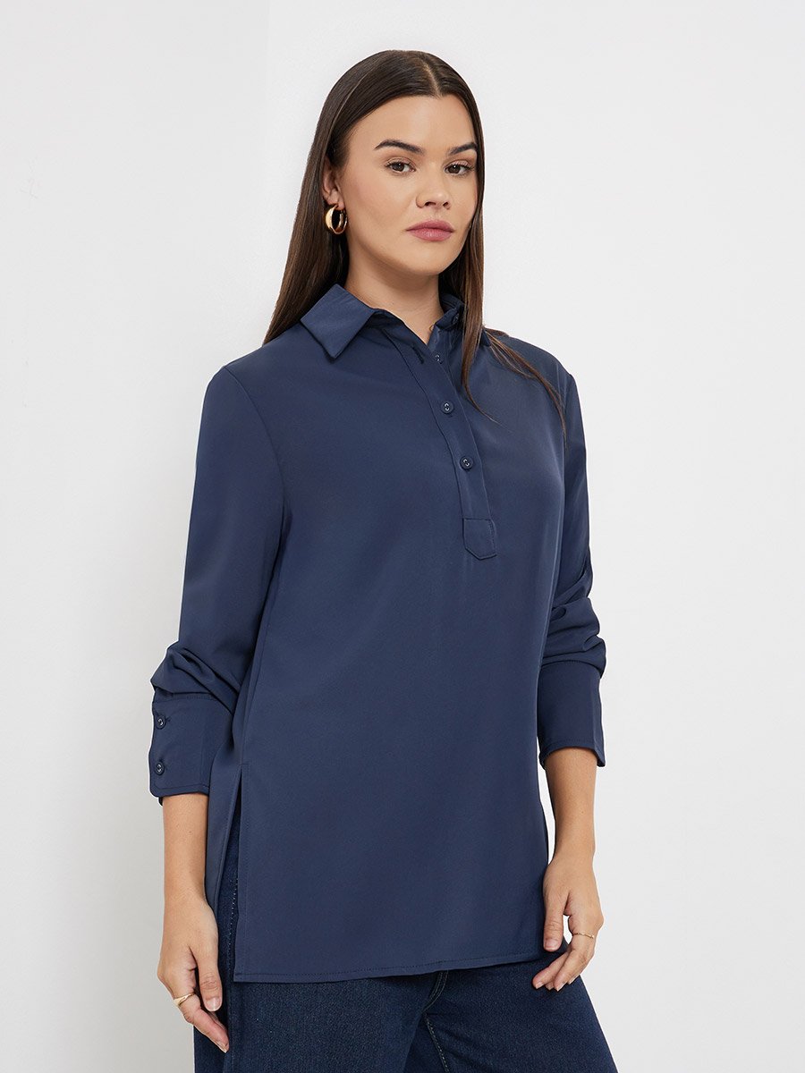 Blue Longline Shirt with Half Placket