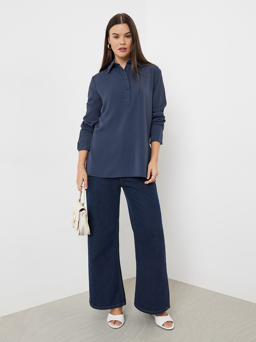 Blue Longline Shirt with Half Placket