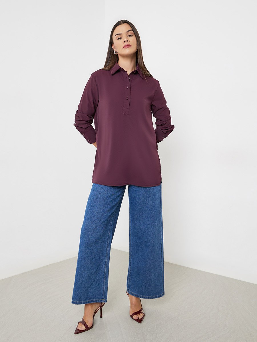 Burgundy Longline Shirt with Half Placket