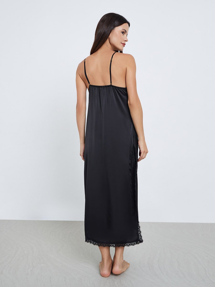 Satin Lace Insert Slip Dress with High Slit and Brief