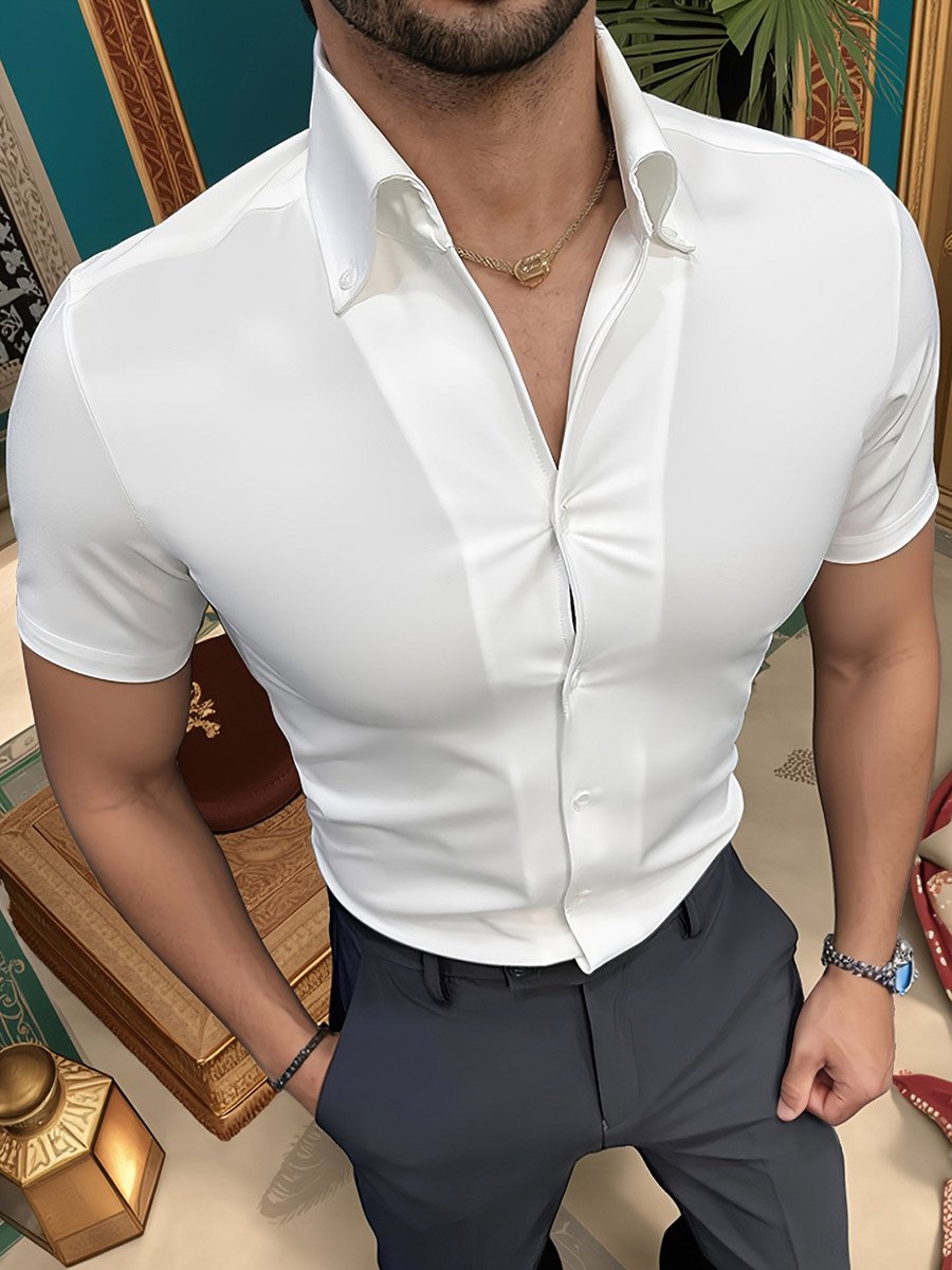 Men Solid Button Up Short Sleeve Shirt