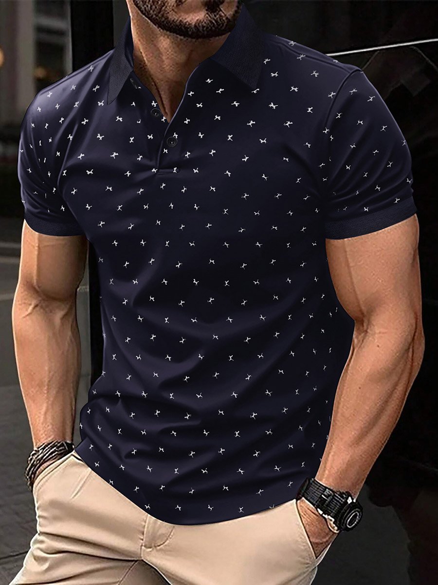 Men Navy Graphic Print Short Sleeve Polo Shirt