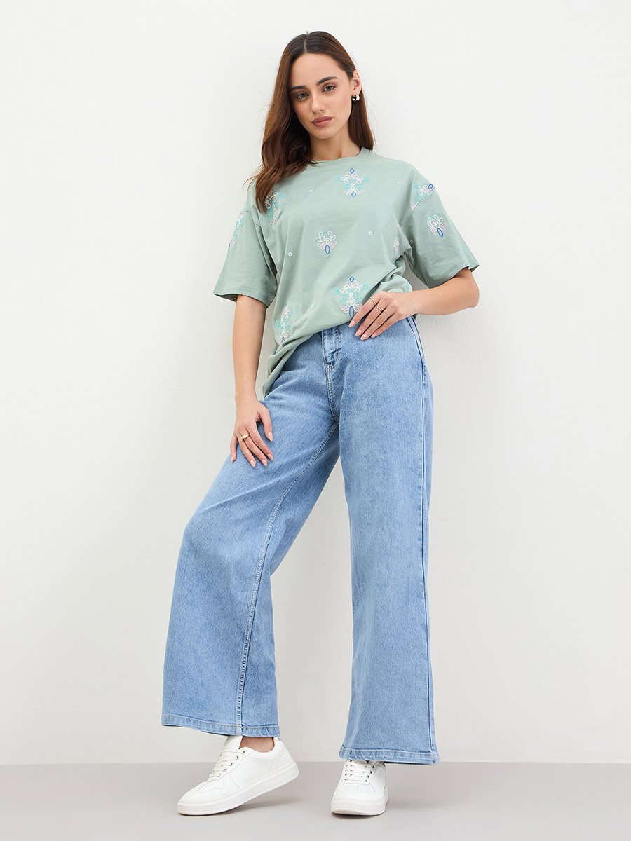 Green Embroidered Oversized T-Shirt