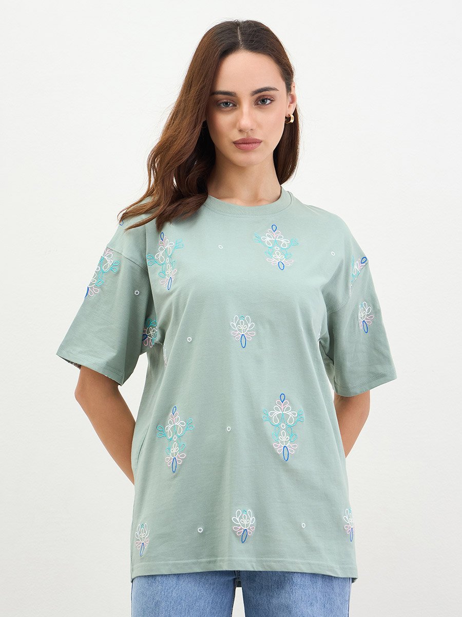 Green Embroidered Oversized T-Shirt