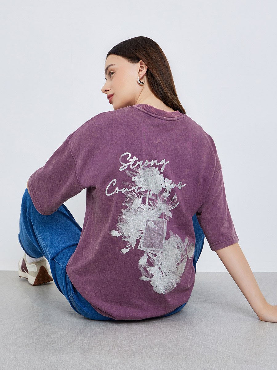 Purple Washed Oversized Cotton Blend T-Shirt