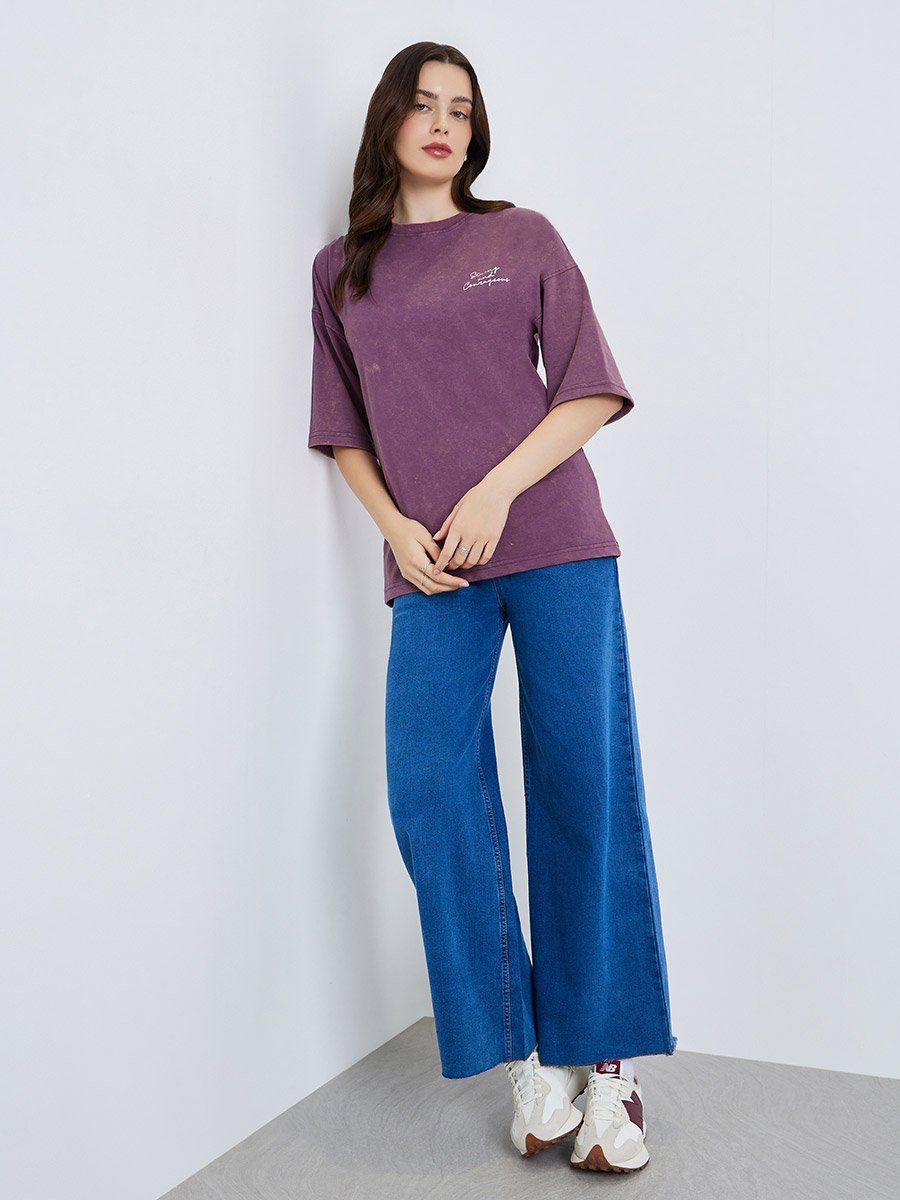 Purple Washed Oversized Cotton Blend T-Shirt