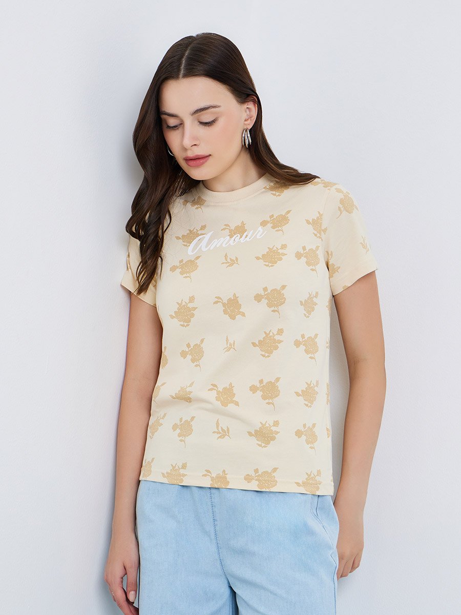 Women Beige Floral Graphic 100% Cotton T-Shirt